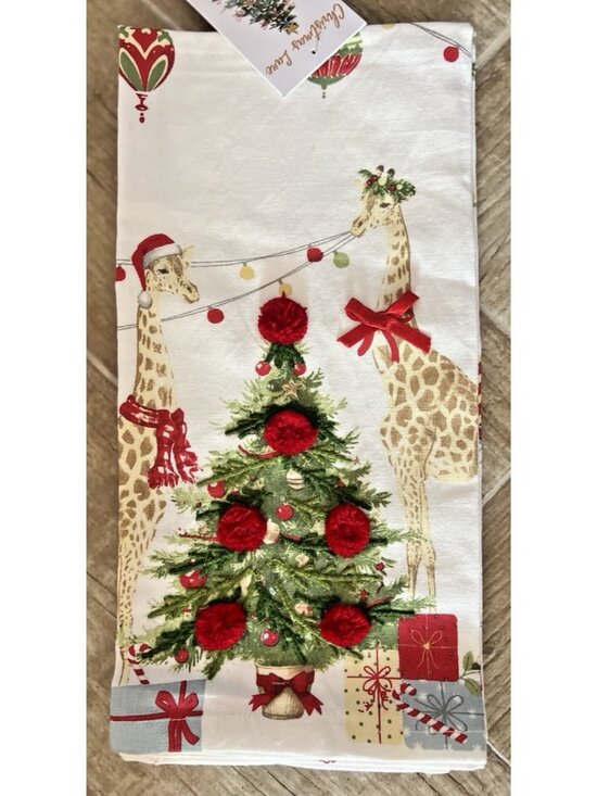 CHRISTMAS GIRAFFE Dish Kitchen Towel Set of 2 Embroidered FESTIVE 20" x 28 - Picture 1 of 7